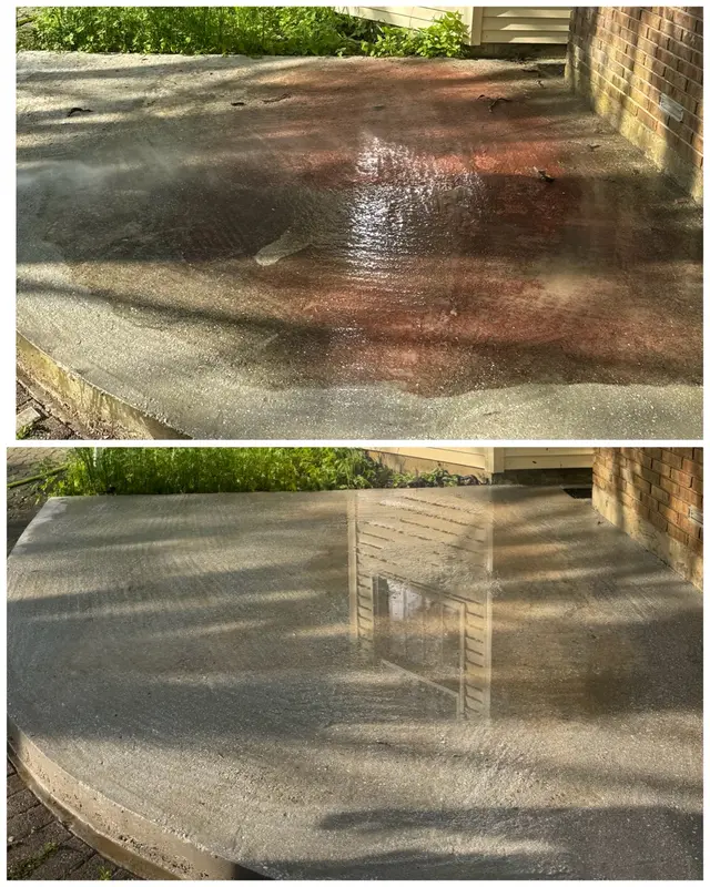 Before and after comparison of stained concrete restored by professional cleaning