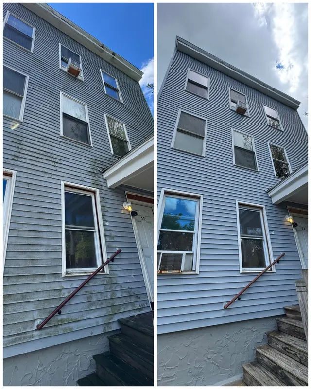 Before and after soft washing comparison on gray vinyl siding