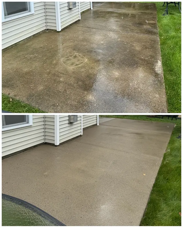 Before and after comparison of a concrete patio cleaning