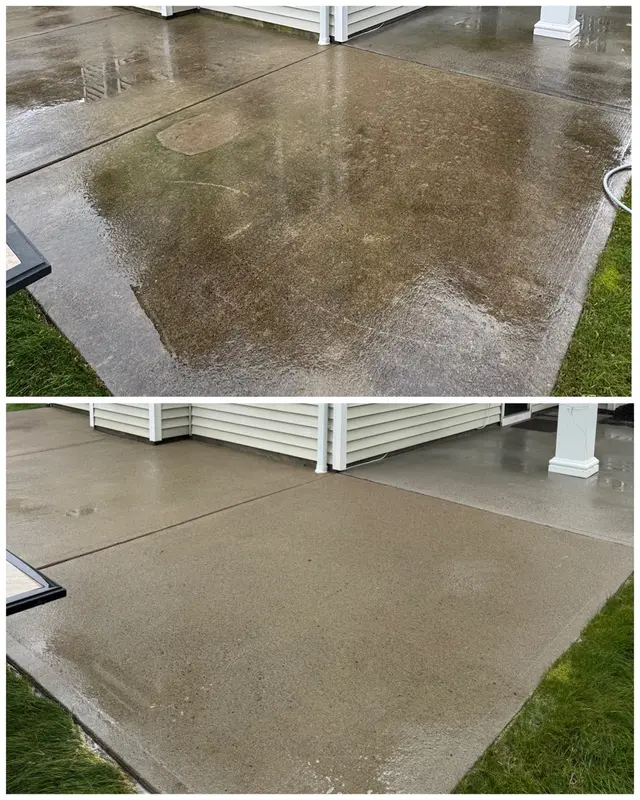 Before and after comparison of a concrete patio surface restoration